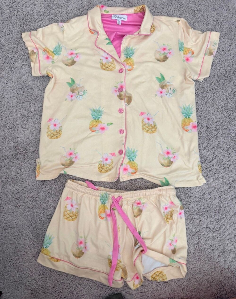 PJ Salvage Womens Pineapple Tropical Pajama Set Short Sleeve Shorts Medium M